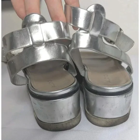 ALDO Silver Chrome Adjustable Strap Wedge Platform Sandals Sporty 2000s Pop 7.5 - Picture 3 of 7